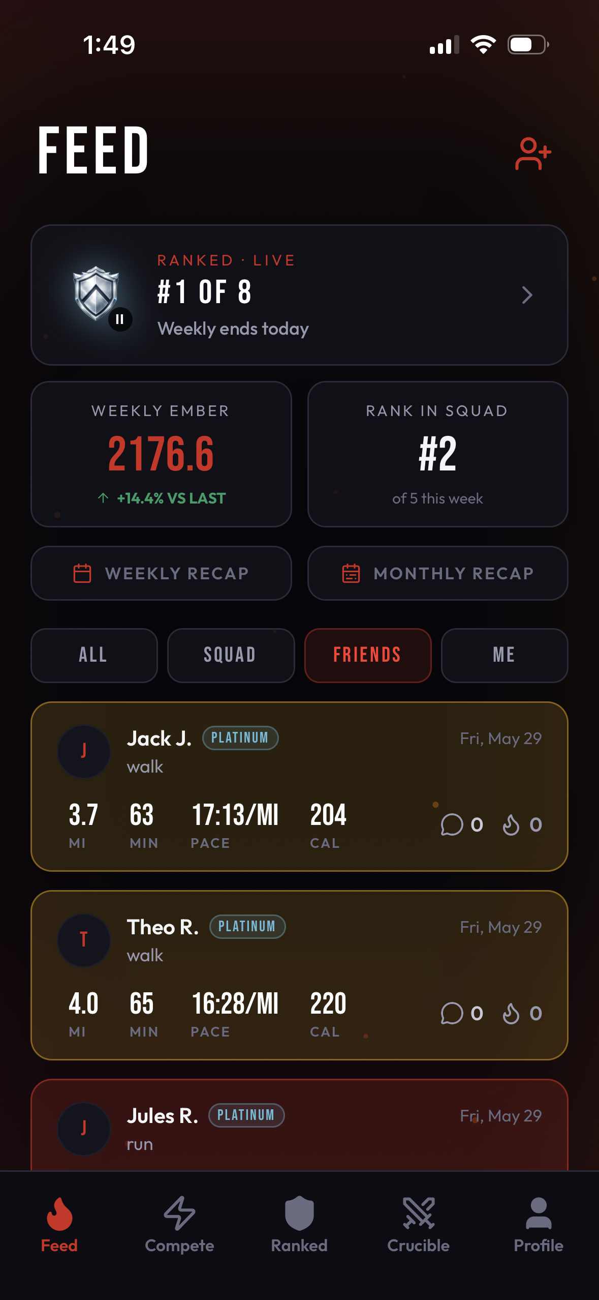 Gauntlet home feed: a live ranked pool, weekly Ember score, and squad activity
